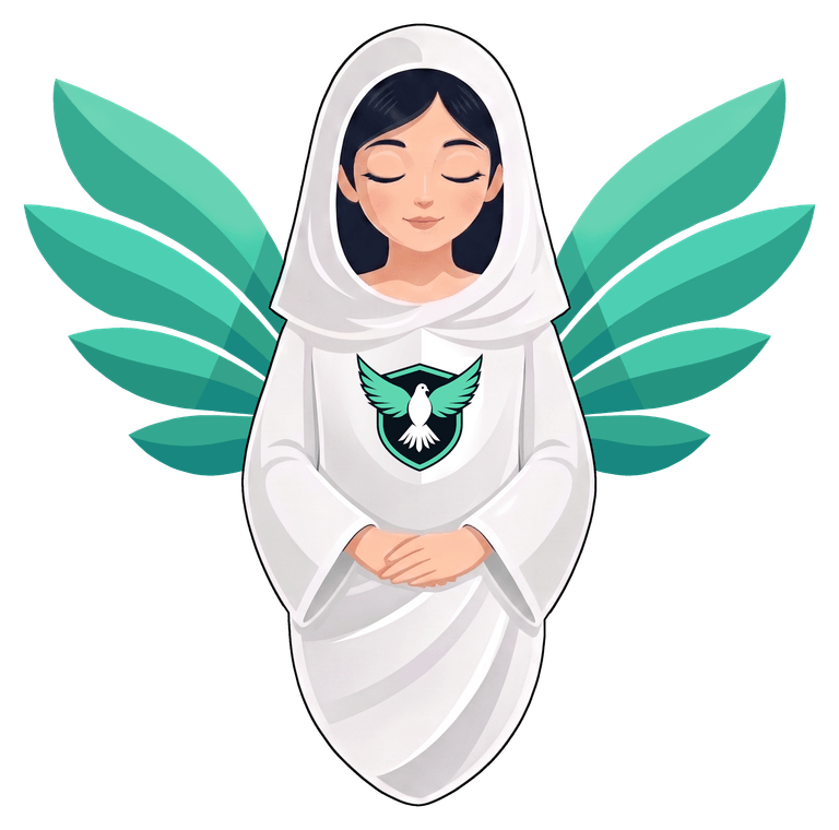 DeBrah, MiAngel's AI companion with emerald wings and a shield emblem